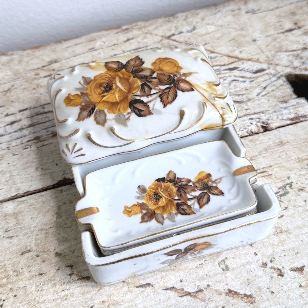 Vintage Ardalt Japan Porcelain Yellow Rose Cigarette Box Ashtray Set 4pc